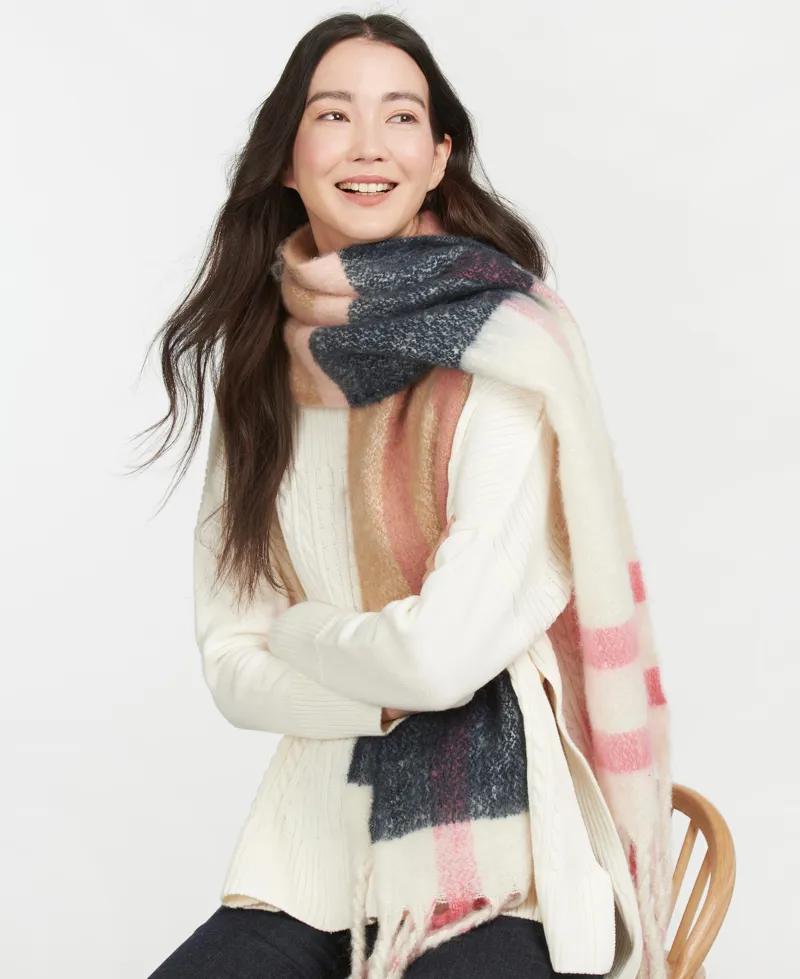 Barbour Isla Boucle Scarf in Pink and Hessian Check-2